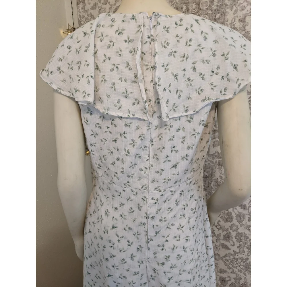 Handmade White Ditsy Floral Ruffle Neck Summer Cotton Midi Dress - Picture 5 of 8